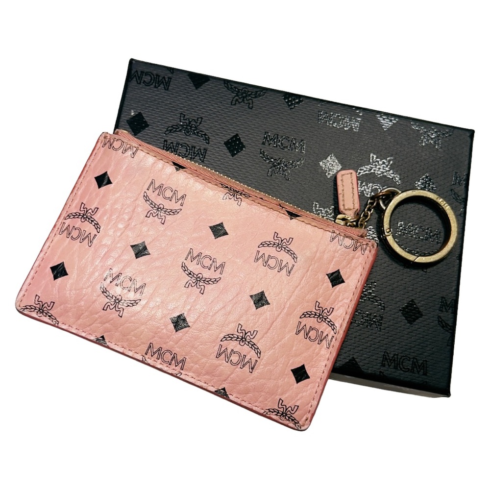 MCM Visetos Monogram Logo Zip Card Case Gold Keychain Wallet Pouch – Soft Pink - Picture 4 of 8